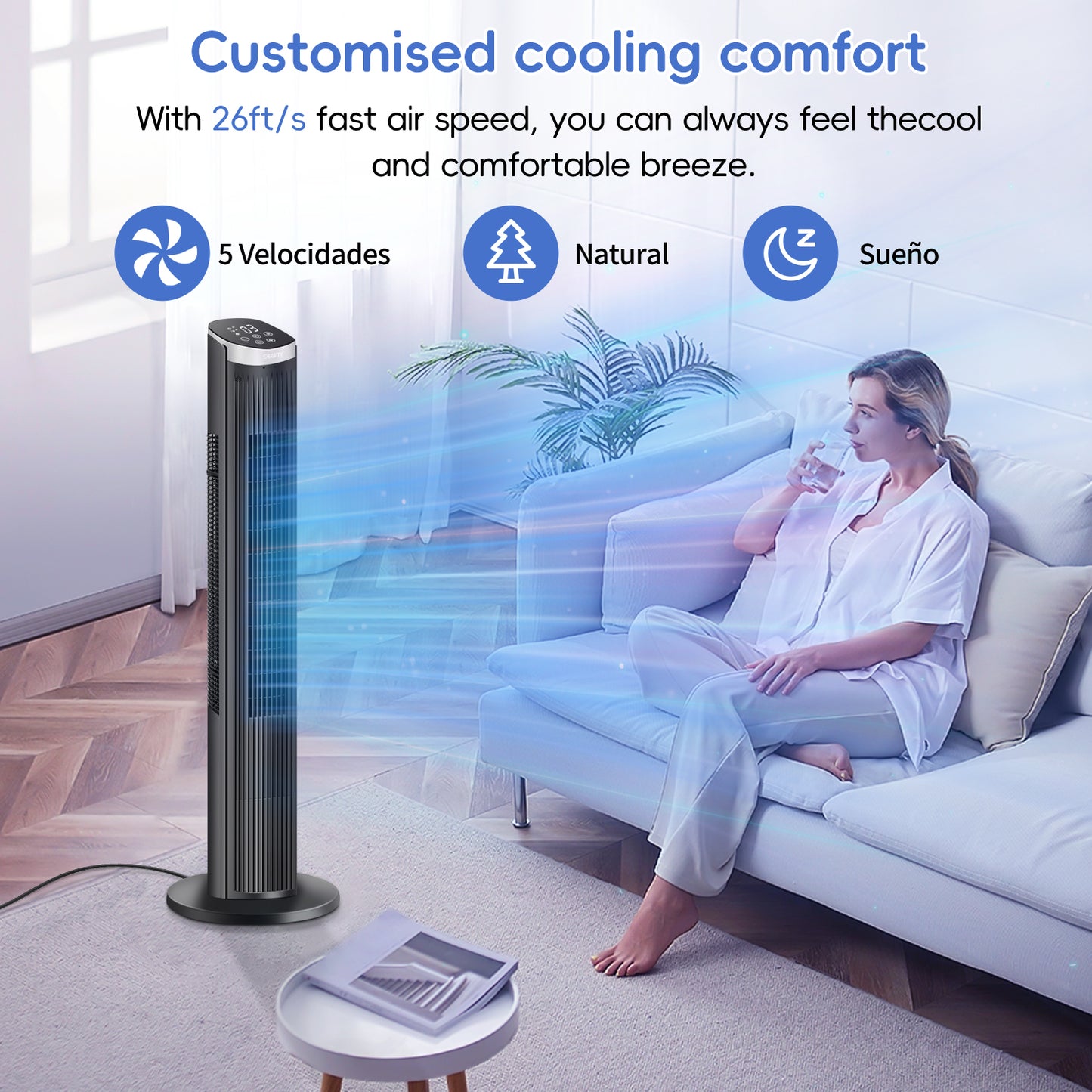 40Inch Tower Fans for Home, LED Display with Remote, 90° Oscillating Fans , 28ft/s High Velocity,5 Speeds, 12H Timer, 3 Modes- Black.