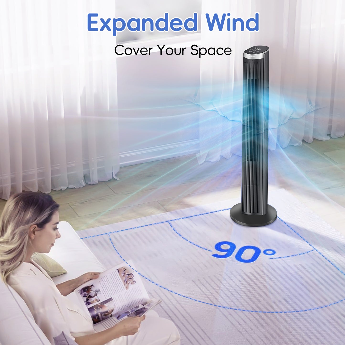 40Inch Tower Fans for Home, LED Display with Remote, 90° Oscillating Fans , 28ft/s High Velocity,5 Speeds, 12H Timer, 3 Modes- Black.