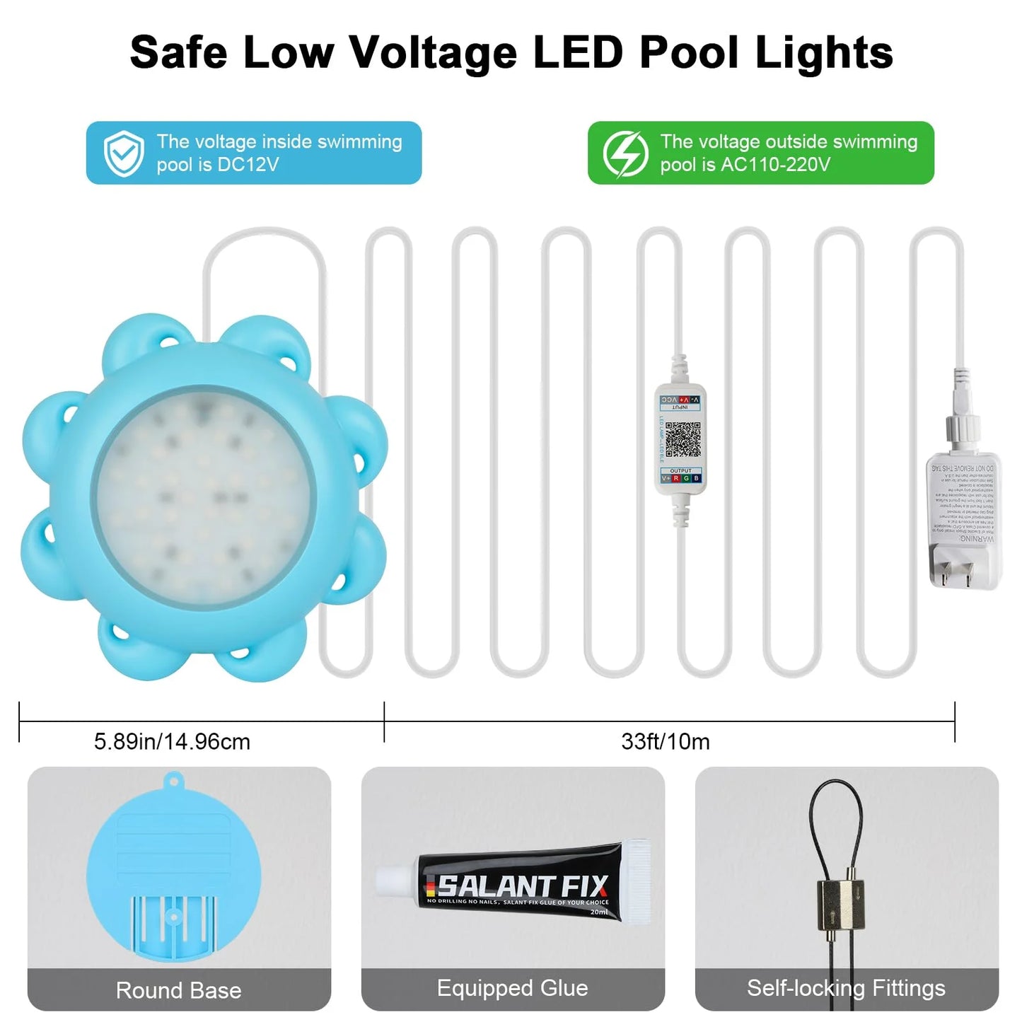 LED Pool Lights with APP Control, 10W Dimmable Underwater Submersible Lights Music Sync, IP68 Waterproof Color Changing 12V Pool Lights for Inground Aboveground Pool, 33ft Cord