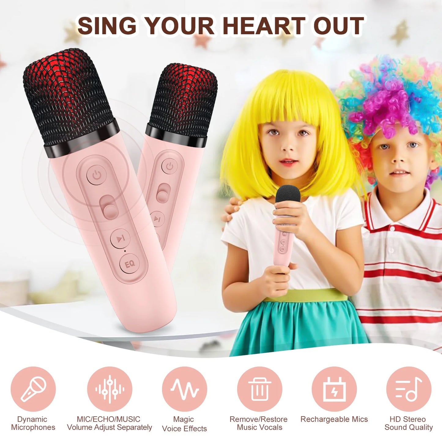 DYTIMEEM Mini Karaoke Machine for Kids Adults, Portable Bluetooth Speaker Set with 2 Microphone with Magic Voice for Home Activity, Bluetooth Speaker Party Gift for Boys Girls Teenager's Birthday
