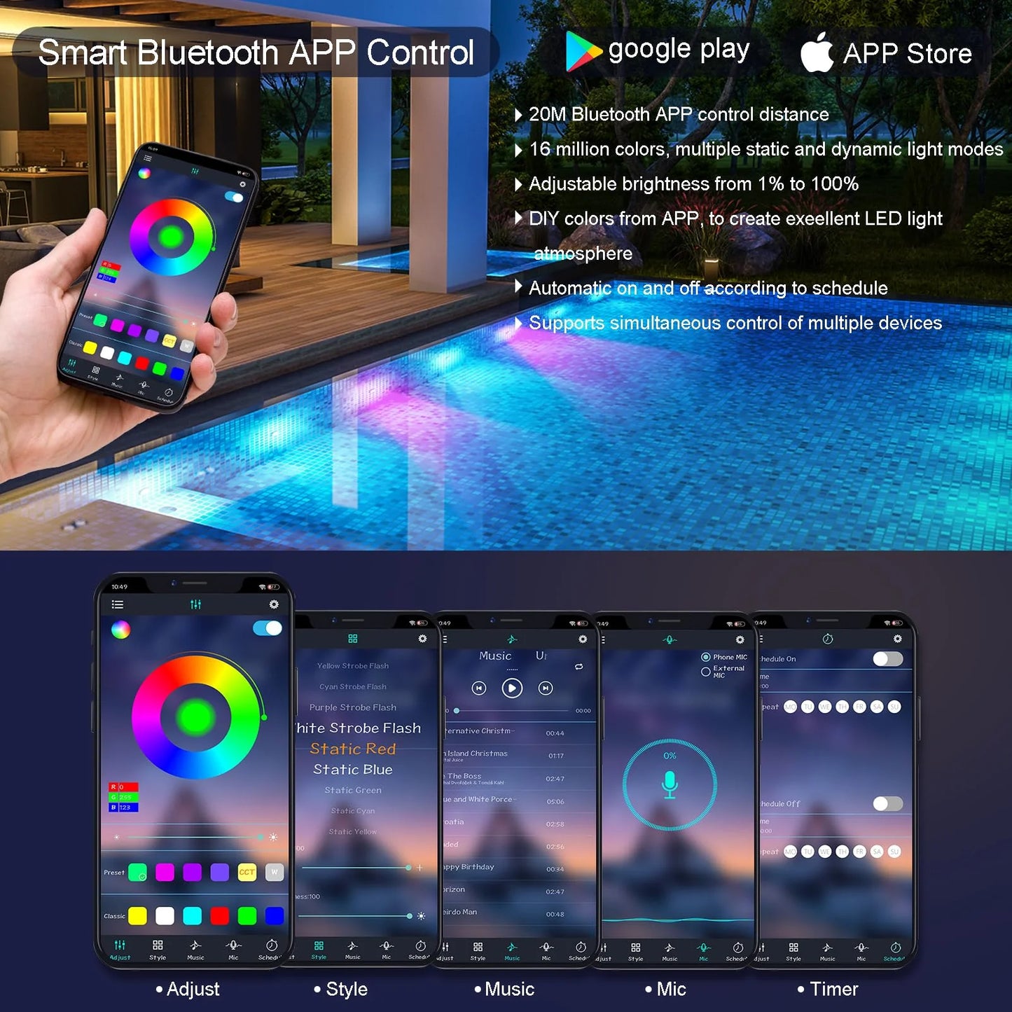 LED Pool Lights with APP Control, 10W Dimmable Underwater Submersible Lights Music Sync, IP68 Waterproof Color Changing 12V Pool Lights for Inground Aboveground Pool, 33ft Cord