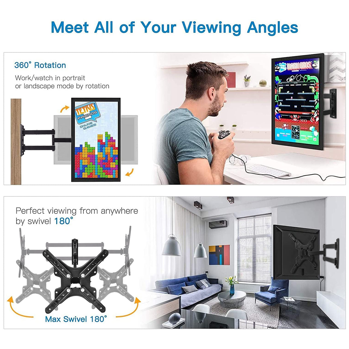 CIICII Full Motion TV Monitor Wall Mount Bracket Articulating Arms Swivels Tilts Extension Rotation for Most 26-60 Inch LED LCD Flat Curved Screen TVs & Monitors