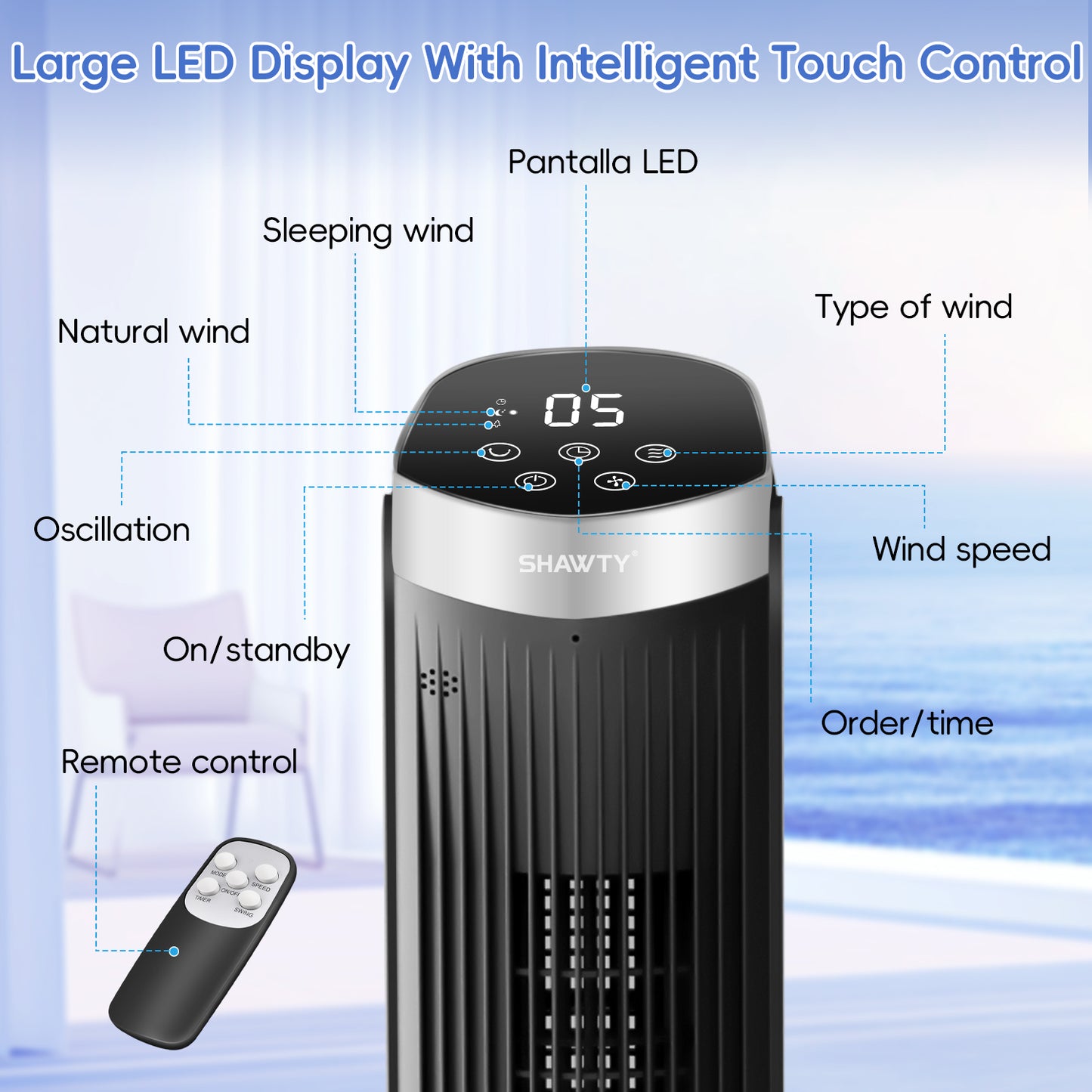 40Inch Tower Fans for Home, LED Display with Remote, 90° Oscillating Fans , 28ft/s High Velocity,5 Speeds, 12H Timer, 3 Modes- Black.