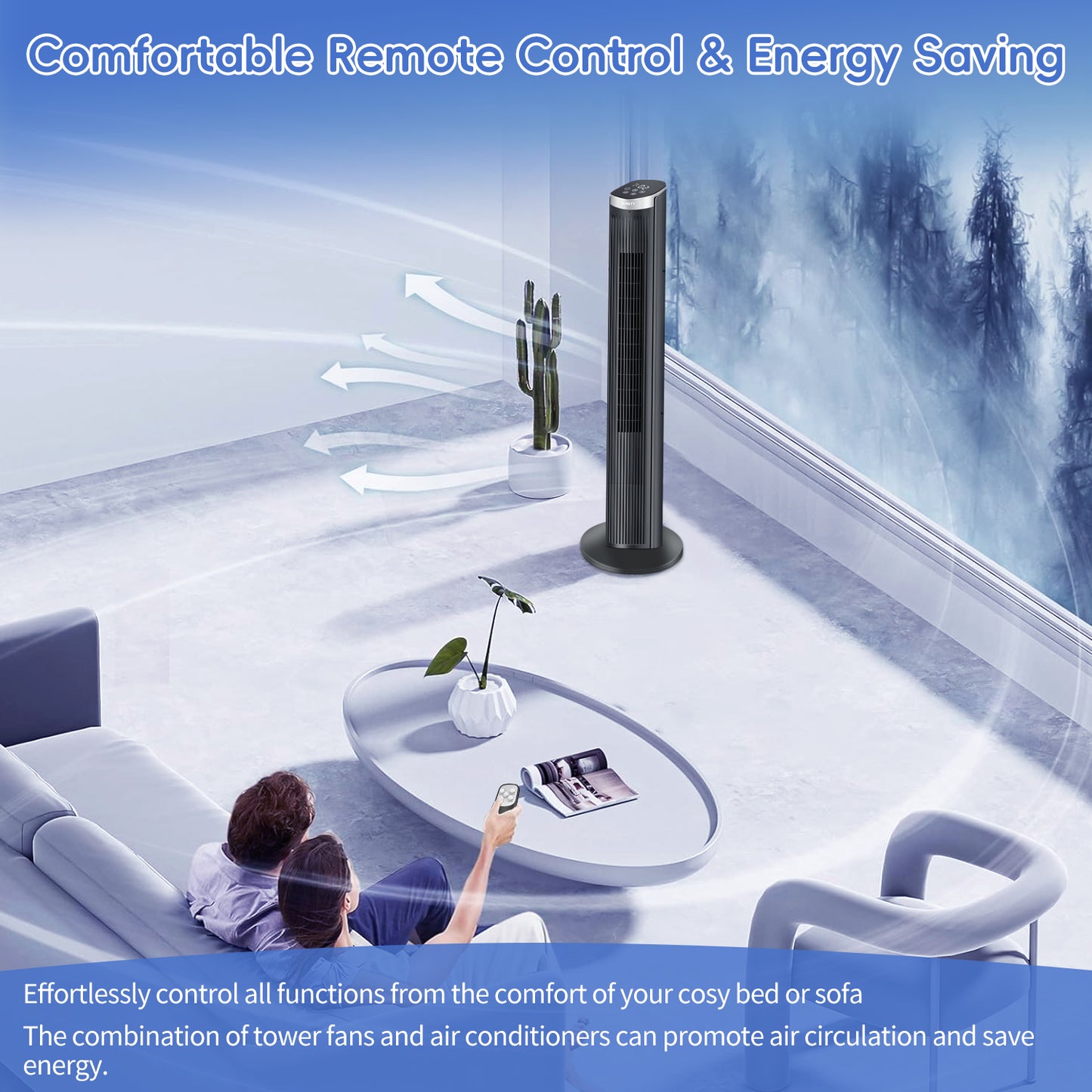 40Inch Tower Fans for Home, LED Display with Remote, 90° Oscillating Fans , 28ft/s High Velocity,5 Speeds, 12H Timer, 3 Modes- Black.