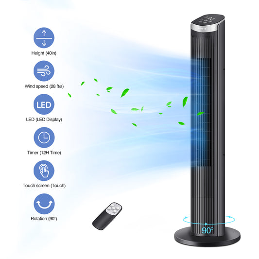 40Inch Tower Fans for Home, LED Display with Remote, 90° Oscillating Fans , 28ft/s High Velocity,5 Speeds, 12H Timer, 3 Modes- Black.
